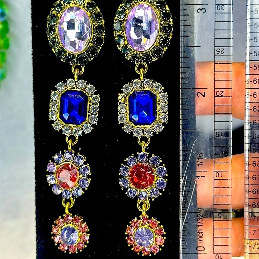 5J: Victorian Style Dangling White, Blue, & Pink Rhinestone Earrings, NIB